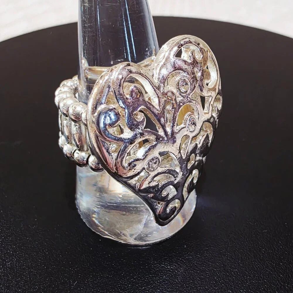 Vintage Silver Filigree Rhinestone Accent HEART Adjustable Fashion Ring SZ 9.5+